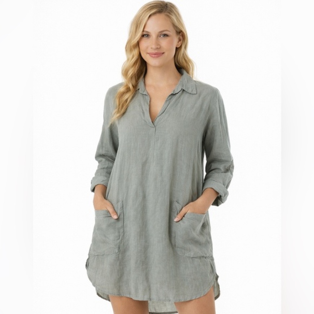 Fresh Laundry Linen Tunic Dress Pockets Long sleeve Gray Coastal Grandmother